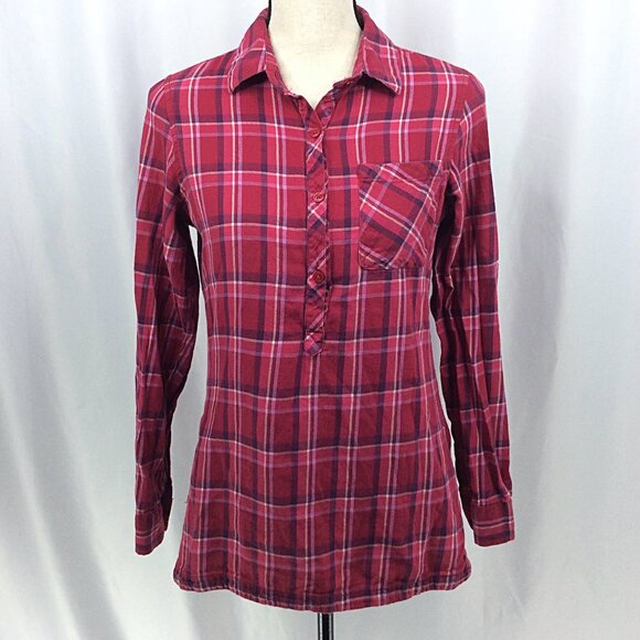 Columbia Plaid Henley Popover Top Womens Size Small Pink Long Sleeve Flannel - Picture 1 of 10